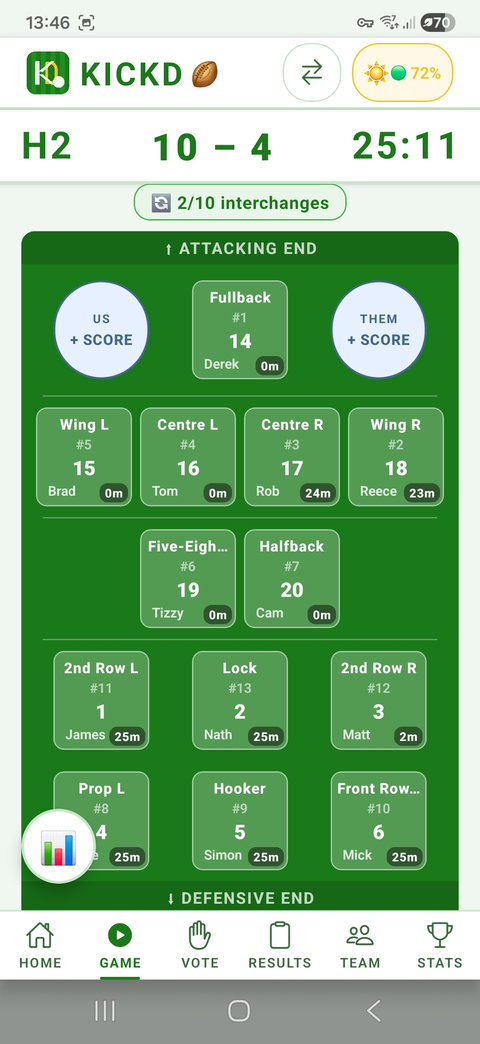 Kickd rugby league live field and interchange view